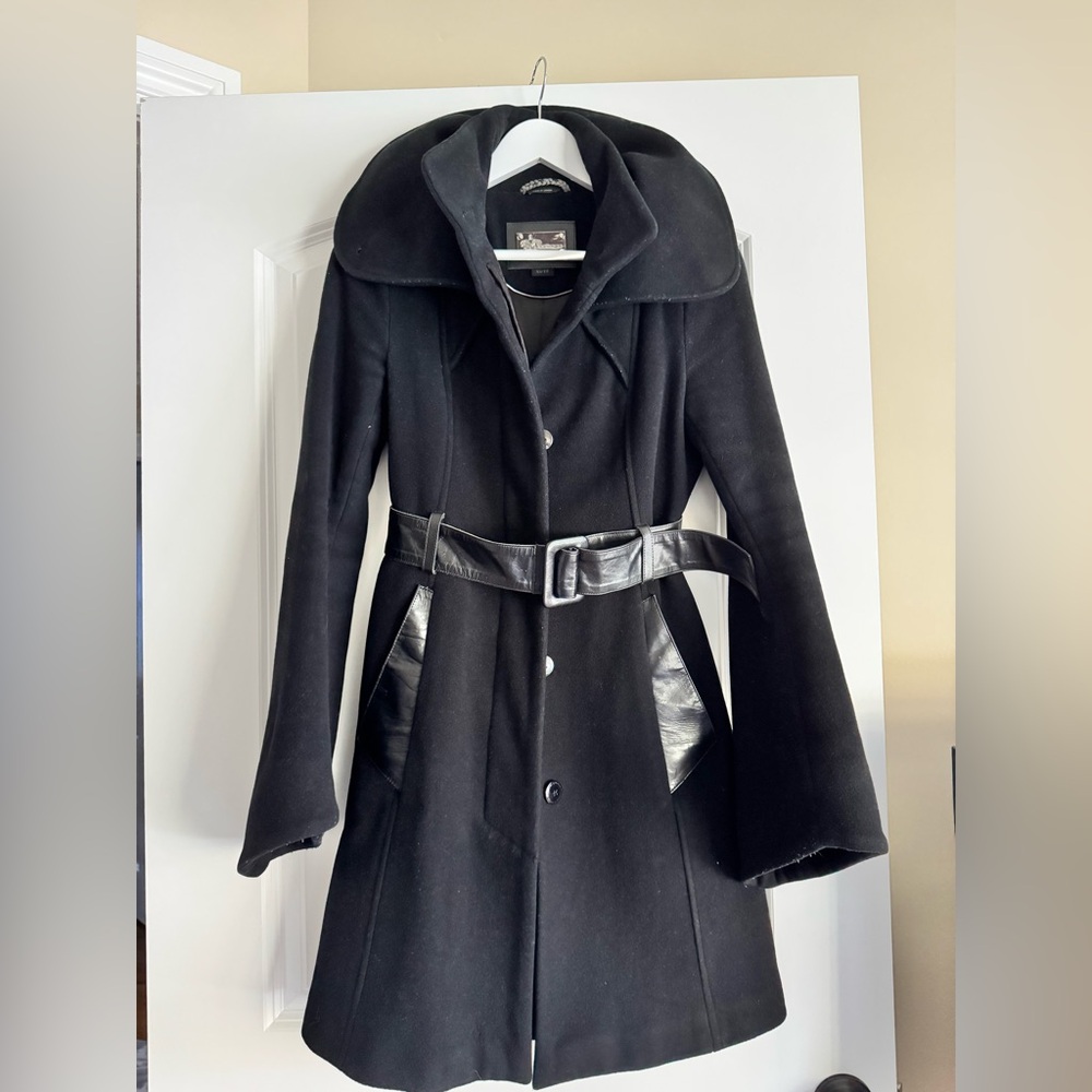 Mackage Black Wool Coat with Leather Belt and Bell Sleeves